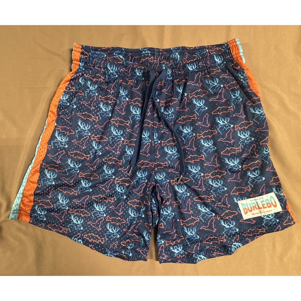 Burlebo Shorts Mens Medium x 6" Mesh Blue Neon Fish Outdoors Lined Basketball